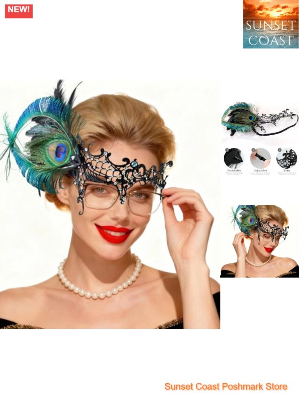 MYSEUNI Feather Lace Half Face Masquerade Mask for Glasses Phantom Mardi Gras